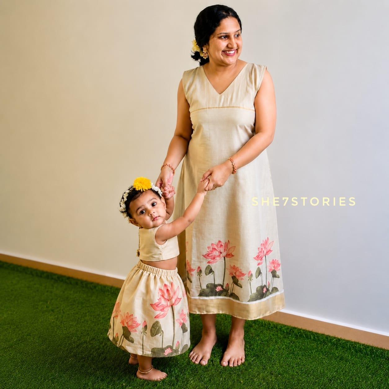 Lotus themed Mom and Daughter onam collection