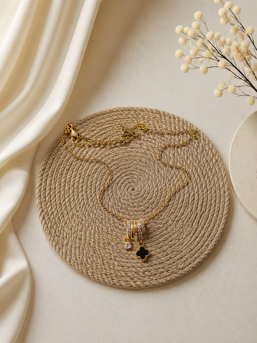 Multi pendant with black flower chain
