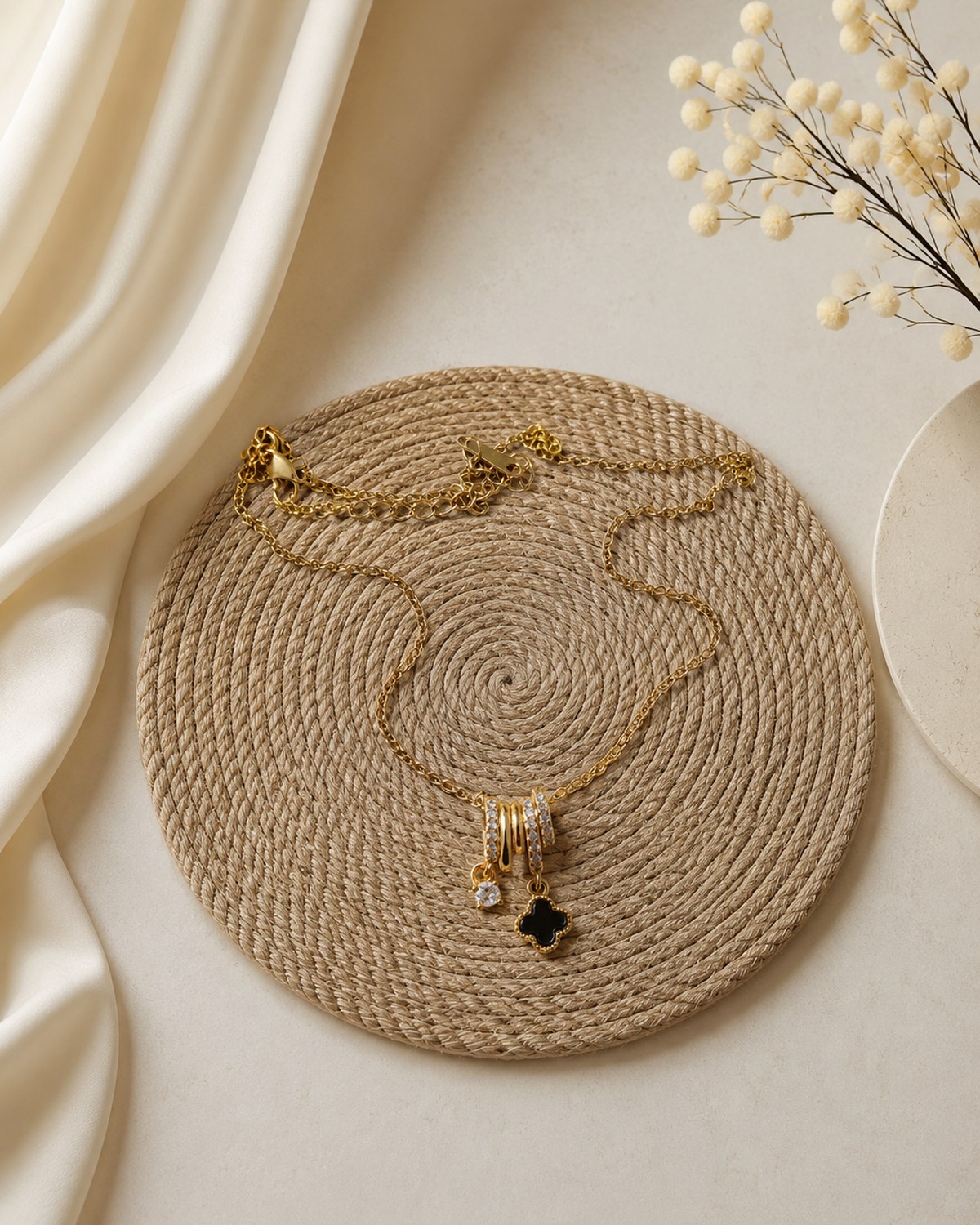 Multi pendant with black flower chain
