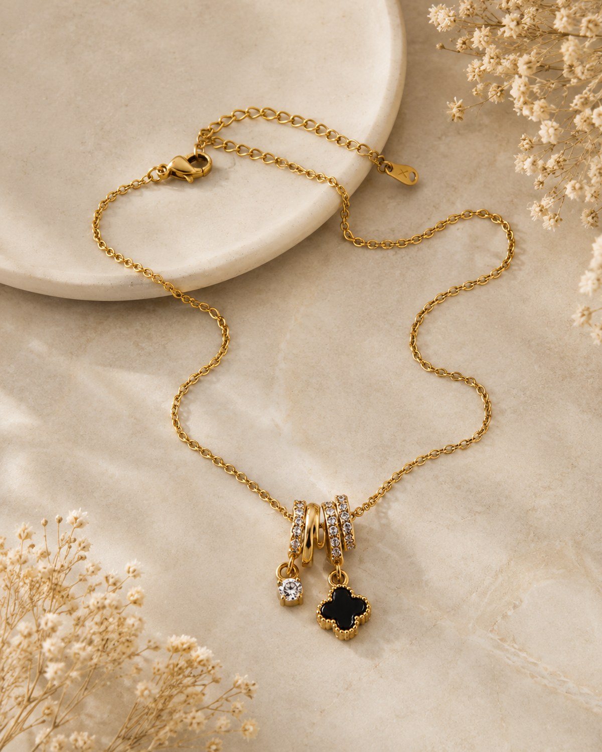 Multi pendant with black flower chain