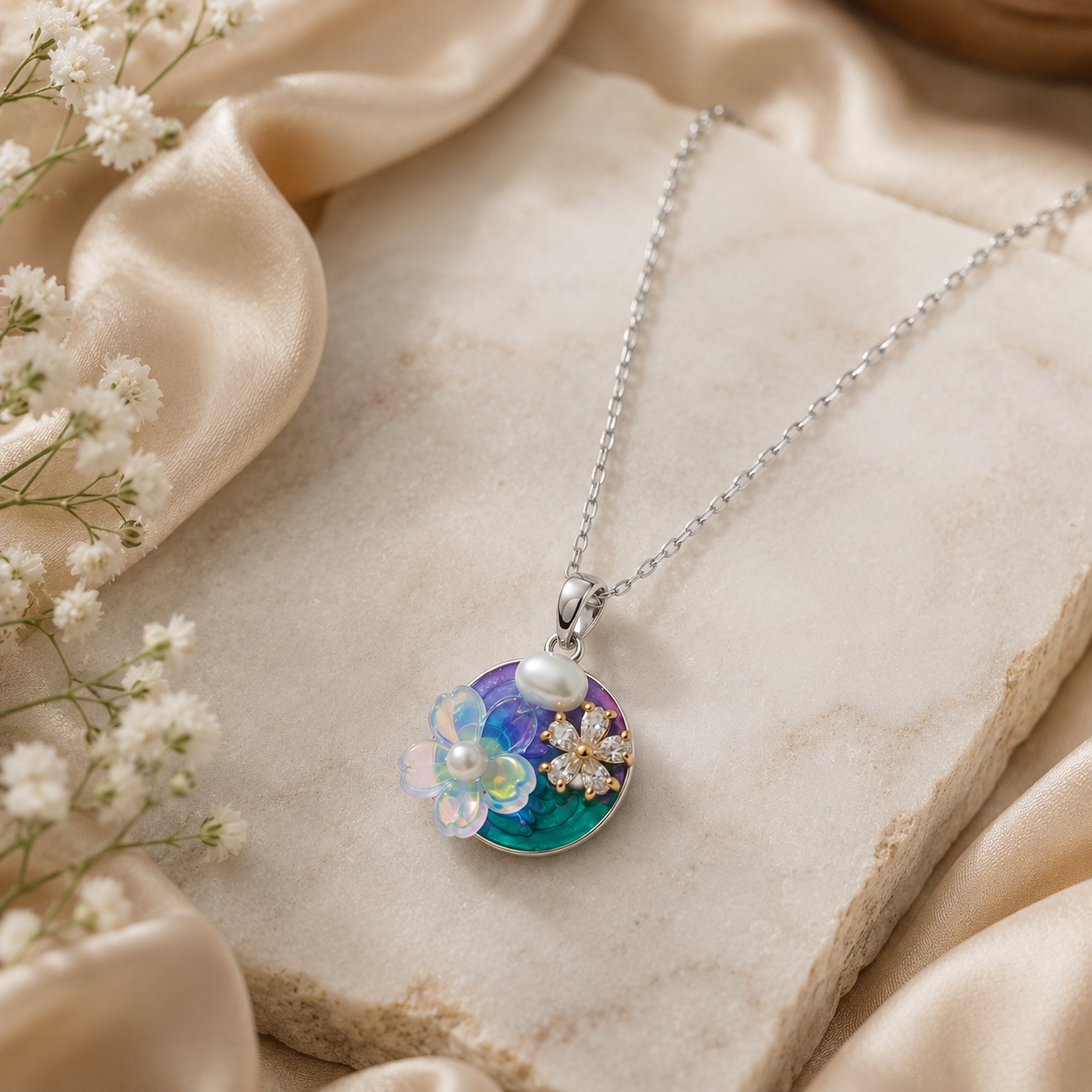 Round shaped flower with stone pendant chain