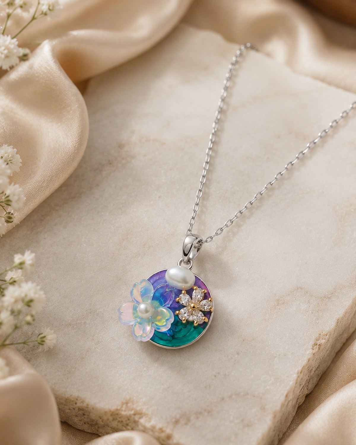 Round shaped flower with stone pendant chain