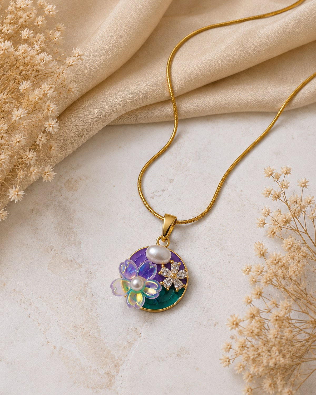 Round shaped flower with stone pendant chain