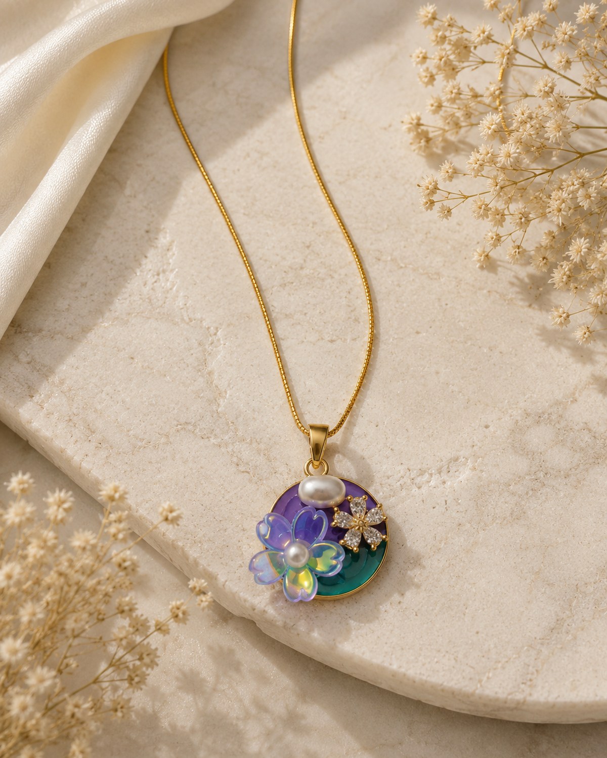 Round shaped flower with stone pendant chain