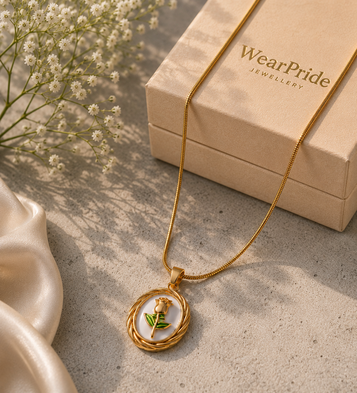 Oval shaped rose flower pendant chain