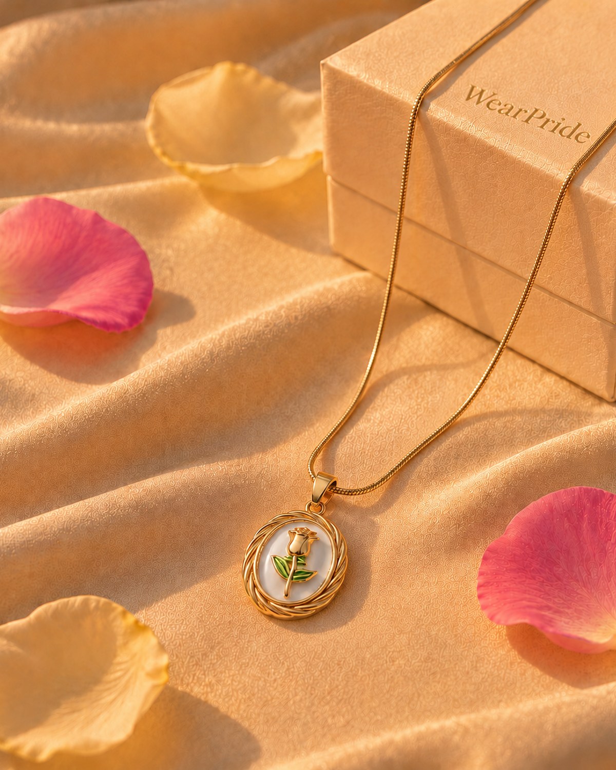 Oval shaped rose flower pendant chain