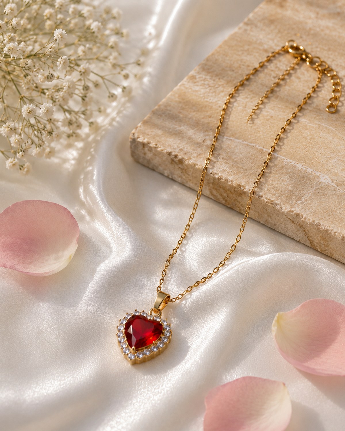 Red stone heart pendant chain