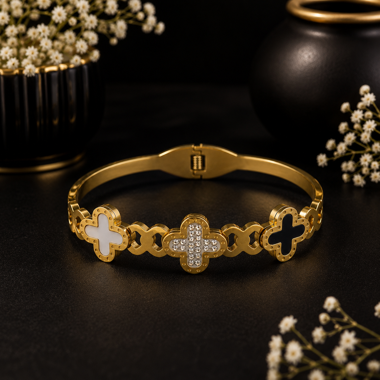 Triple tone flower with stone bracelet