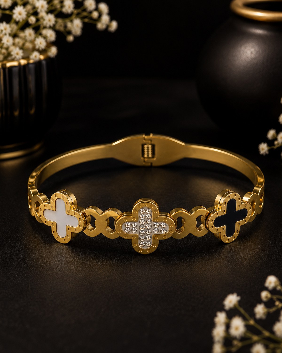 Triple tone flower with stone bracelet