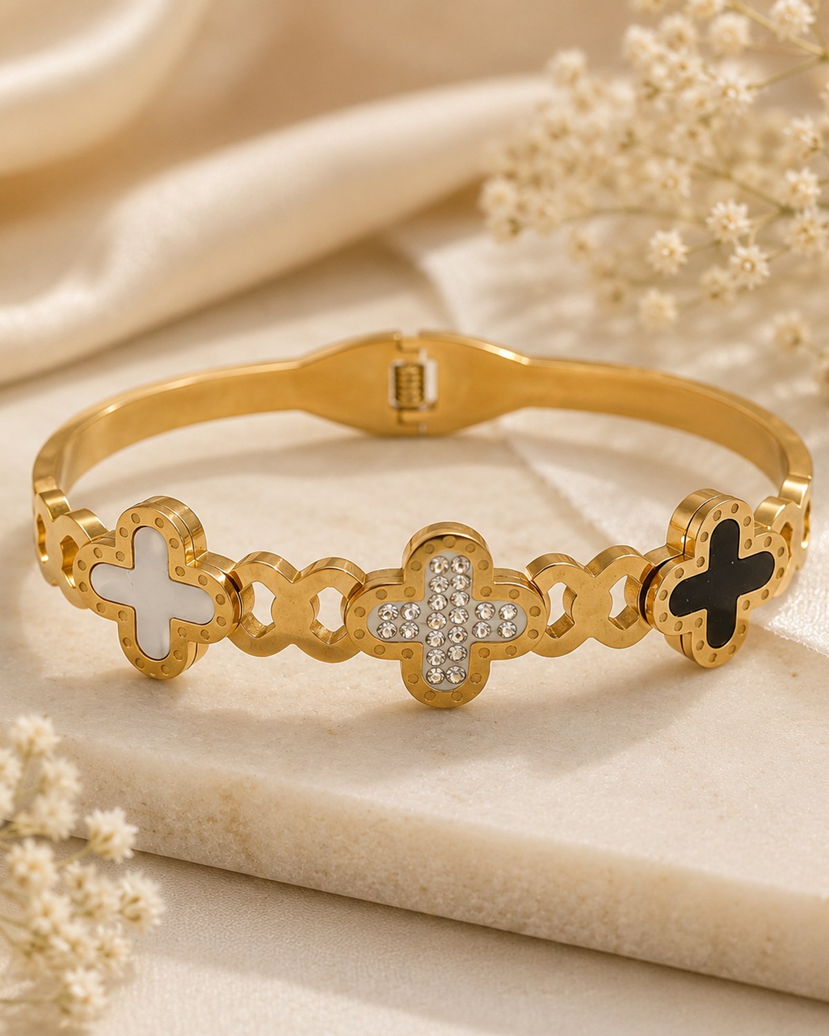 Triple tone flower with stone bracelet