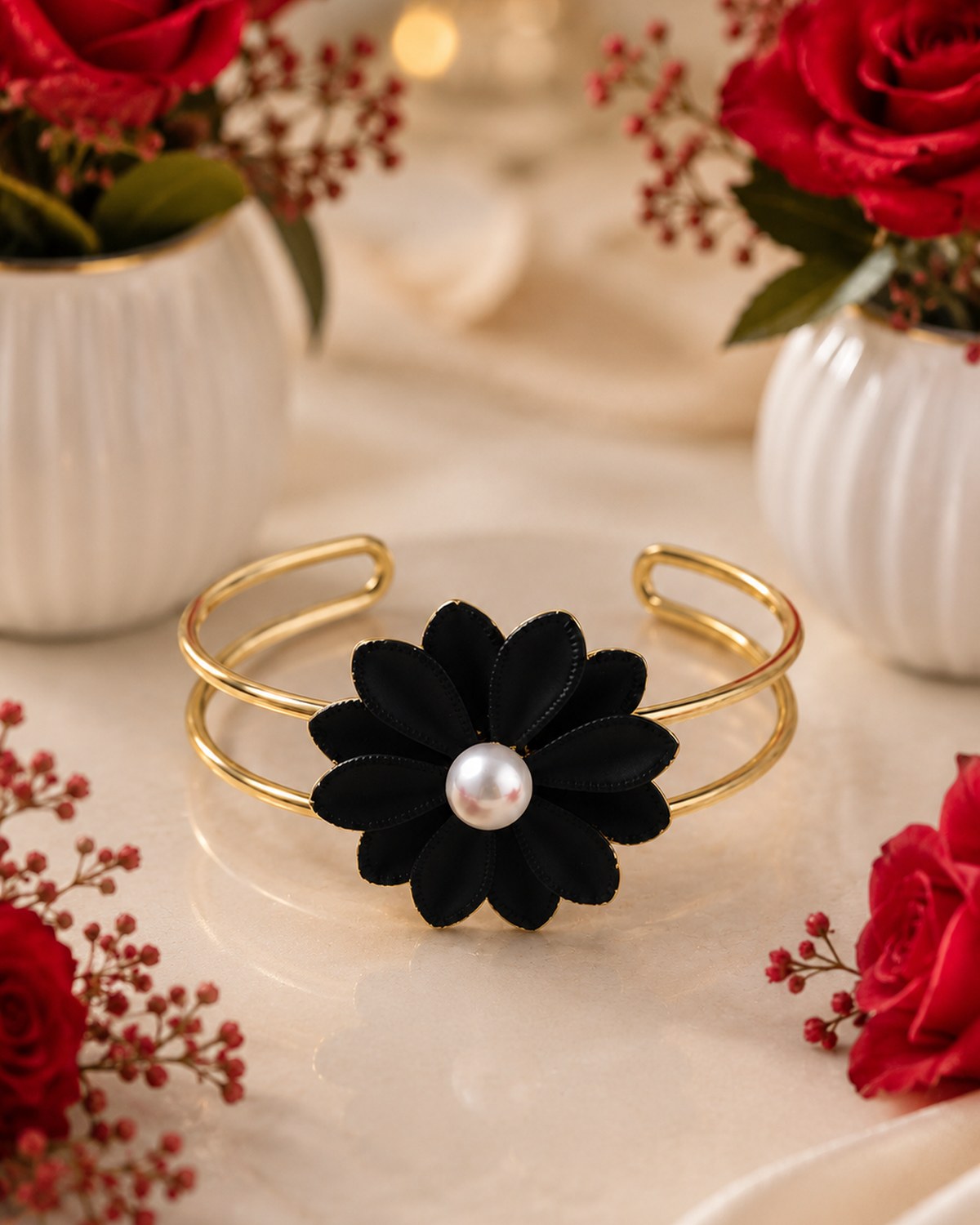 Black flower with white pearl bracelet
