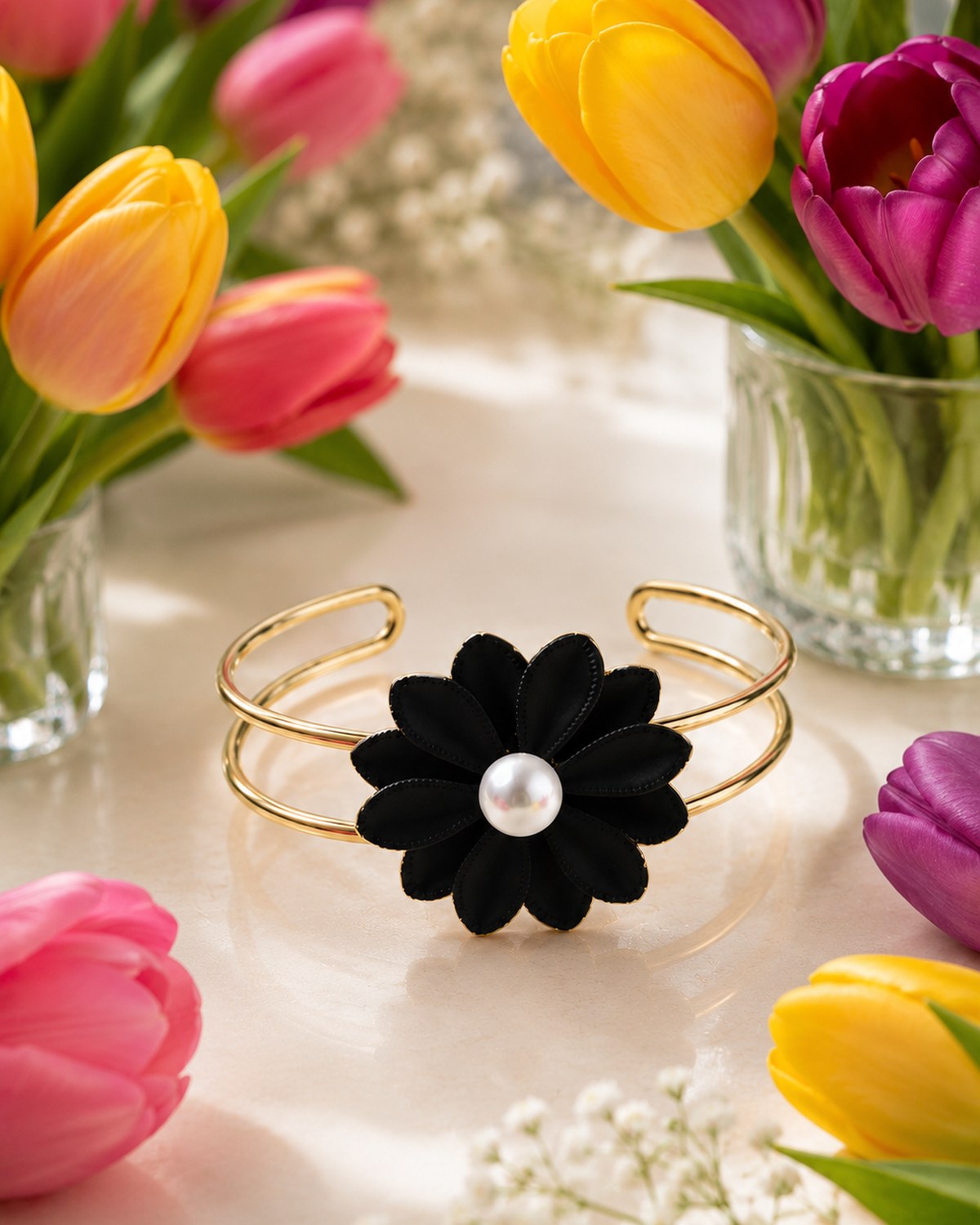 Black flower with white pearl bracelet