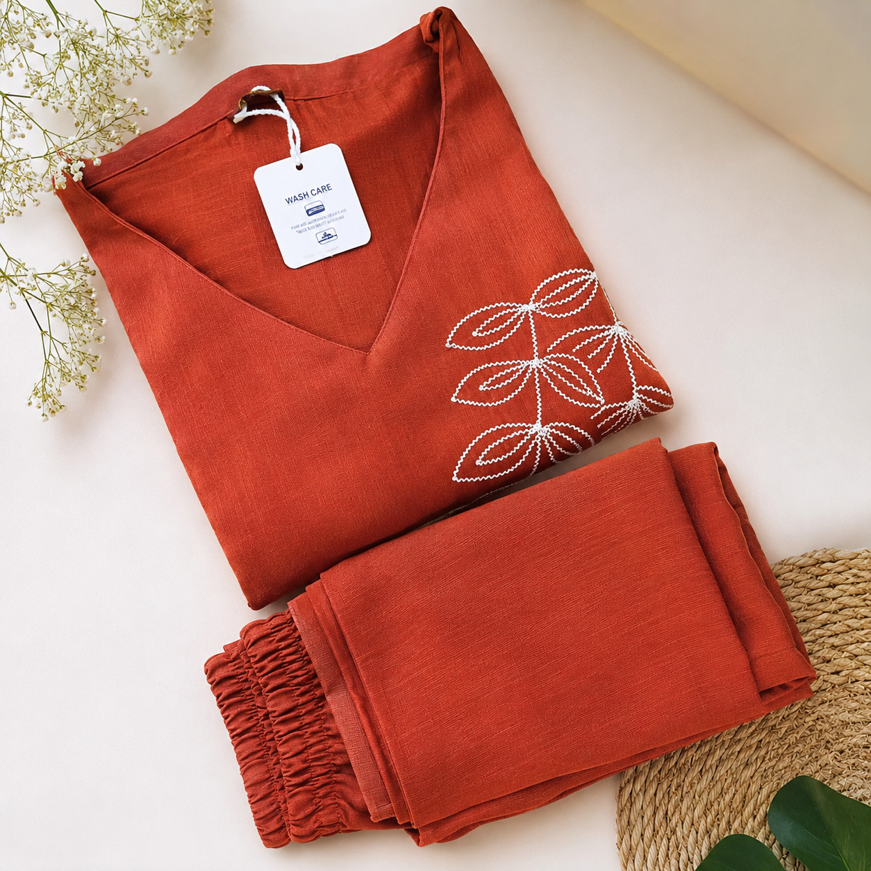 Rust Orange Embroidered Kurti Set