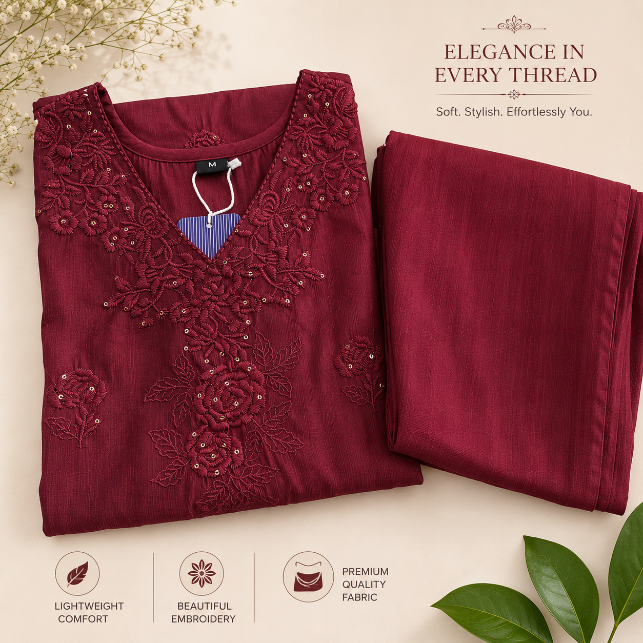 Maroon Embroidered Kurti Set
