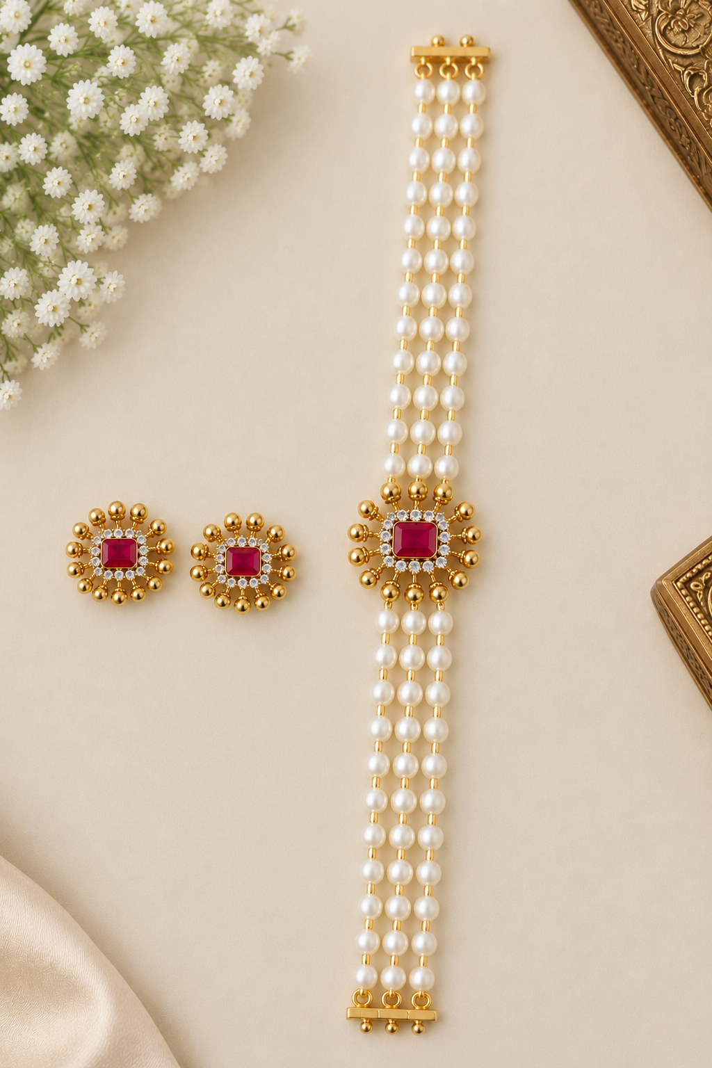 PEARL NECKLACE WITH RUBY STONE